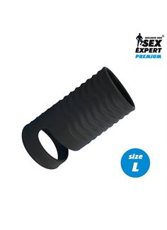 Черная открытая насадка на пенис с кольцом для мошонки L-size (8,5 см)