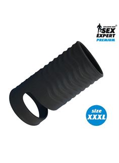 Черная открытая насадка на пенис с кольцом для мошонки XXXL-size (9,9 см)